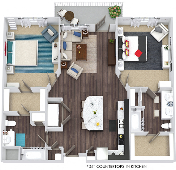 Floor plan for 2 beds, 2 baths, 1136 sqft